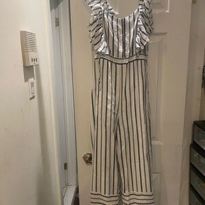Lulu's Blue and White Striped Ruffle Jumpsuit
